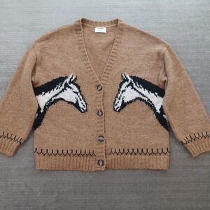 Old Navy Western Cardigan Sweater Womens Large Brown Horse Head Fuzzy Wool Blend